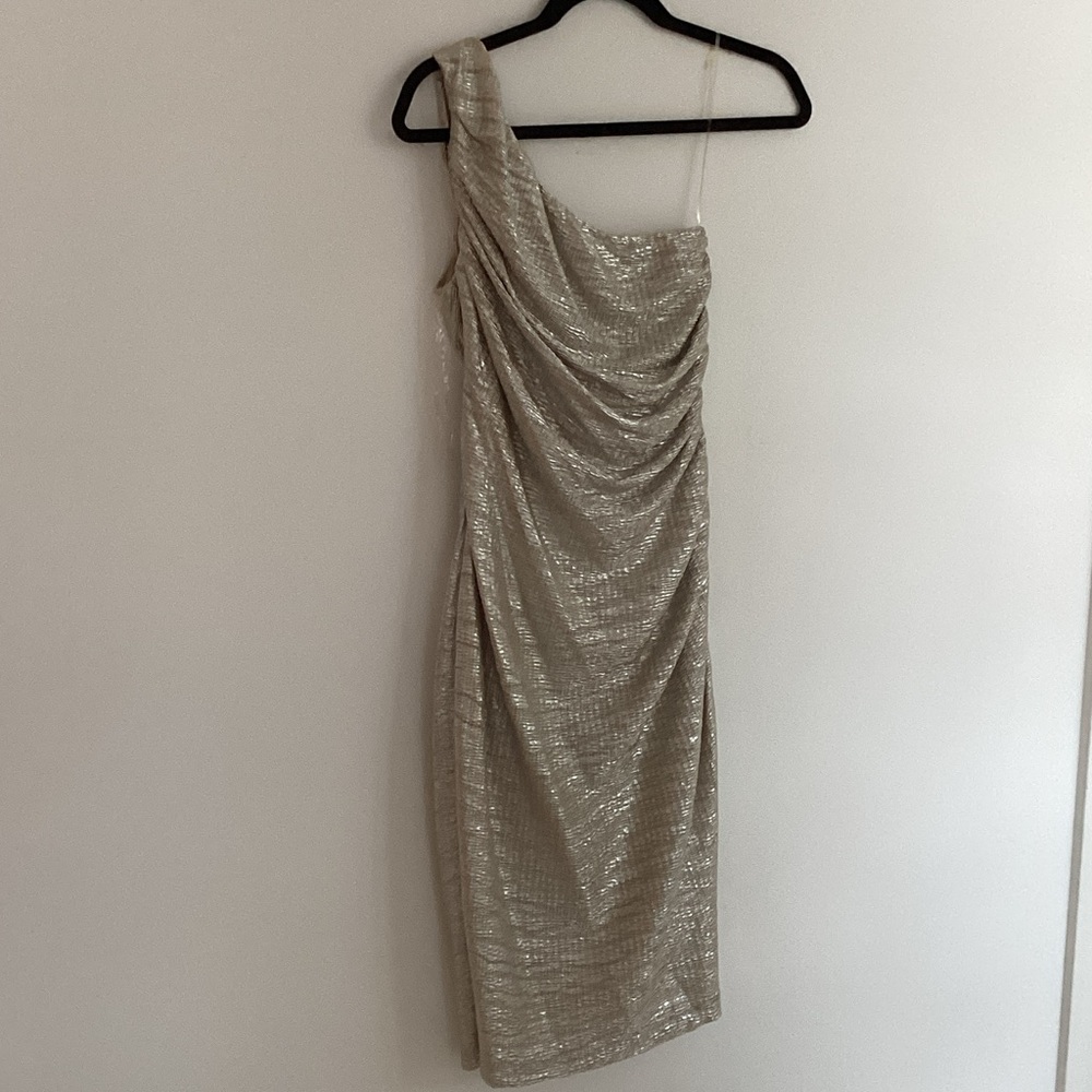 dressbarn One-Shoulder Shimmering Gold Dress